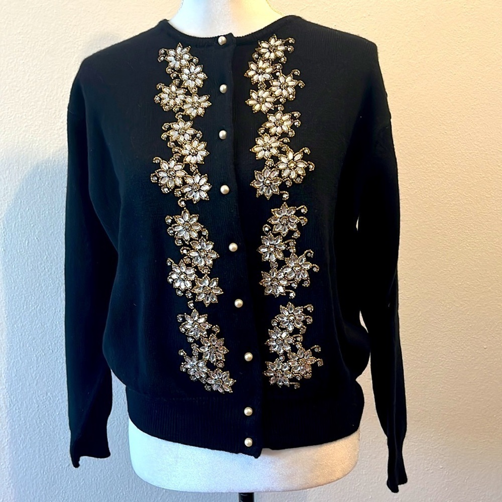 DKNY Black w/Gold Beaded &’Silver Rhinestone & Pearl Sweater 100% Lambswool Sz P